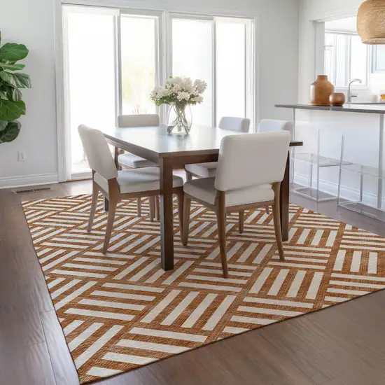 Orange And Ivory Geometric Washable Indoor Outdoor Area Rug Photo 9