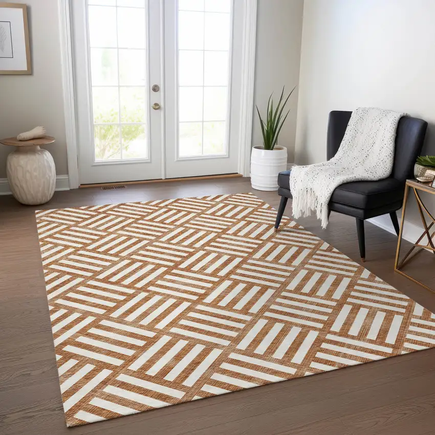 Orange And Ivory Geometric Washable Indoor Outdoor Area Rug Photo 8