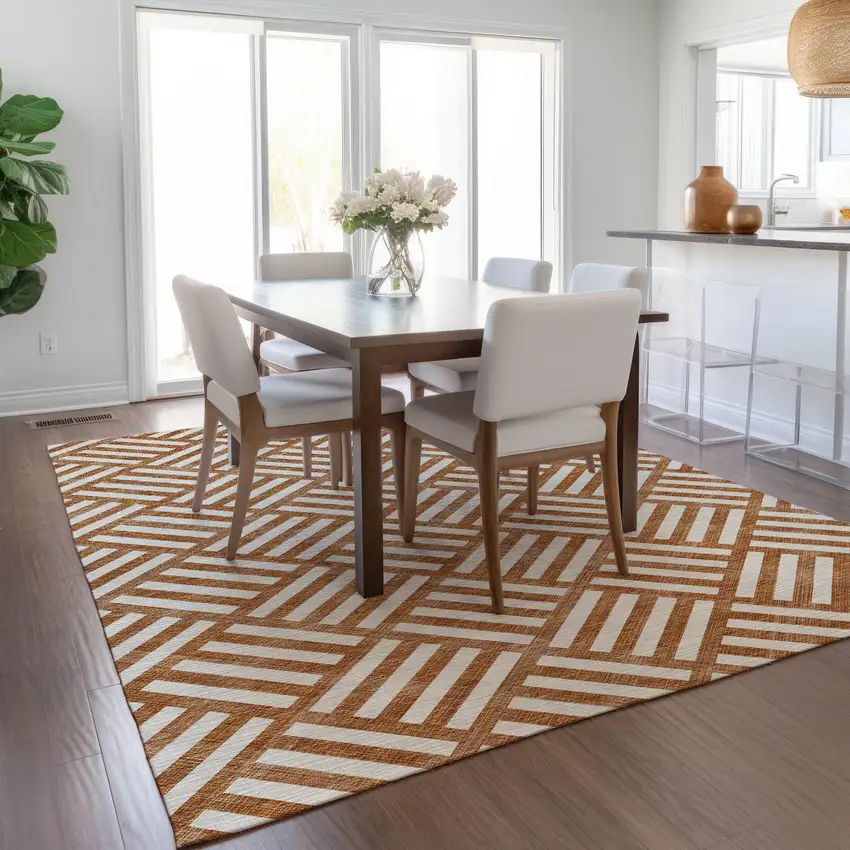 Orange And Ivory Geometric Washable Indoor Outdoor Area Rug Photo 9