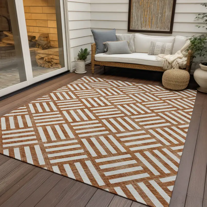 Orange And Ivory Geometric Washable Indoor Outdoor Area Rug Photo 9