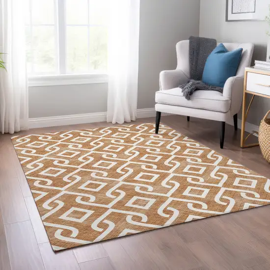 Orange And Ivory Geometric Washable Indoor Outdoor Area Rug Photo 9
