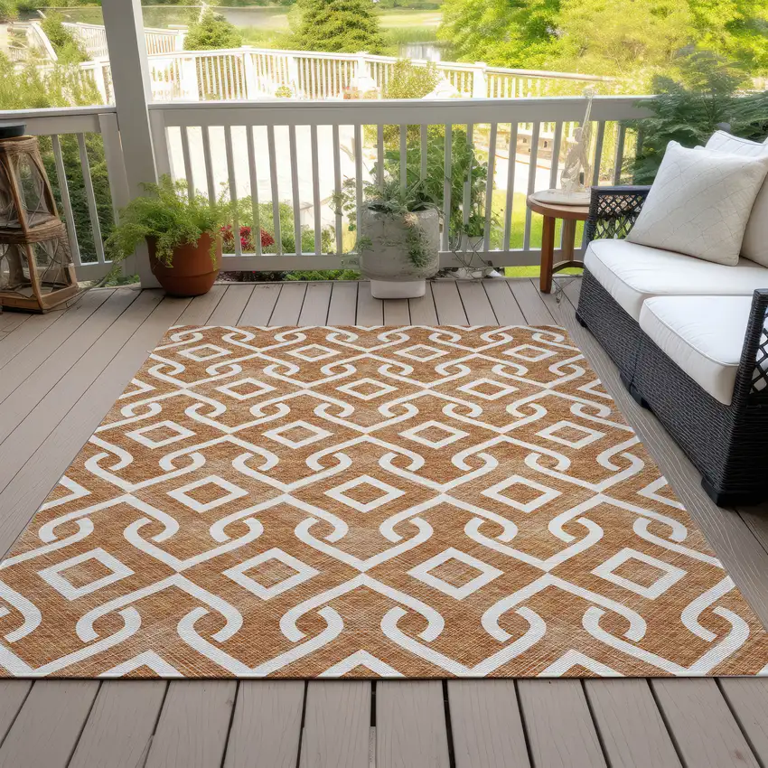 Orange And Ivory Geometric Washable Indoor Outdoor Area Rug Photo 7