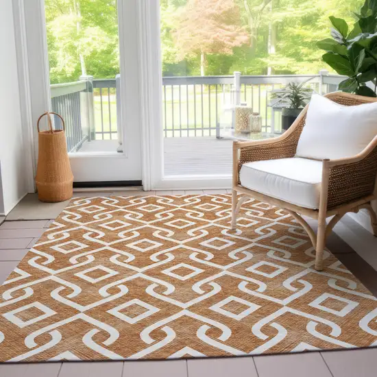Orange And Ivory Geometric Washable Indoor Outdoor Area Rug Photo 9