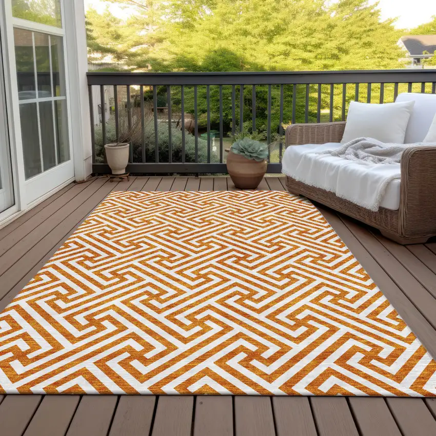Orange And Ivory Geometric Washable Indoor Outdoor Area Rug Photo 7