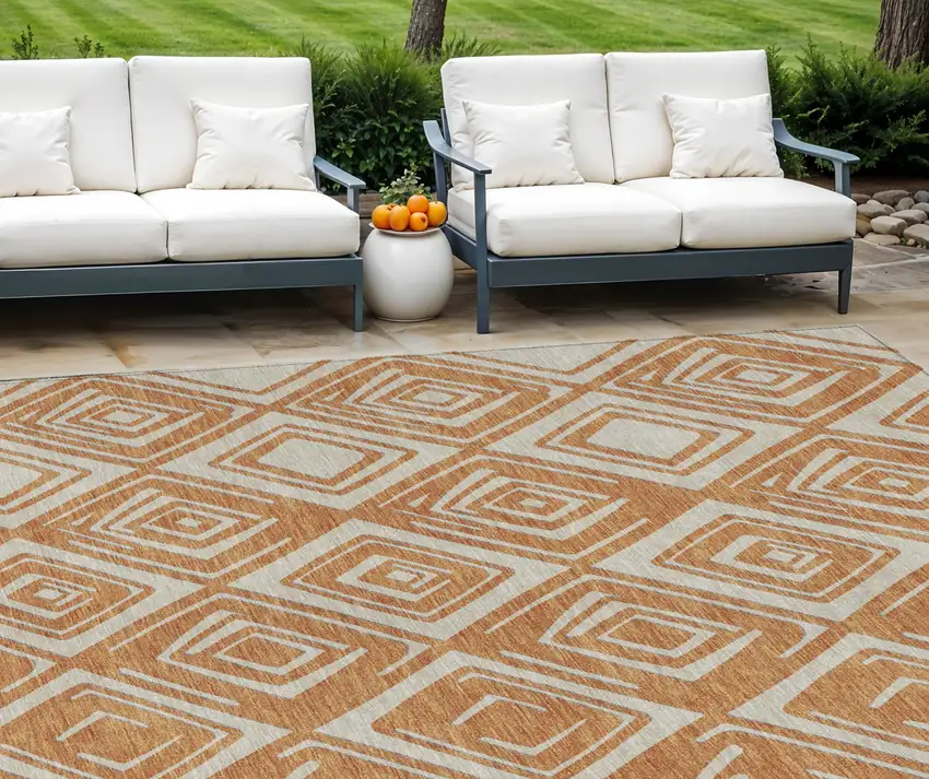 Orange And Ivory Geometric Washable Indoor Outdoor Area Rug Photo 1