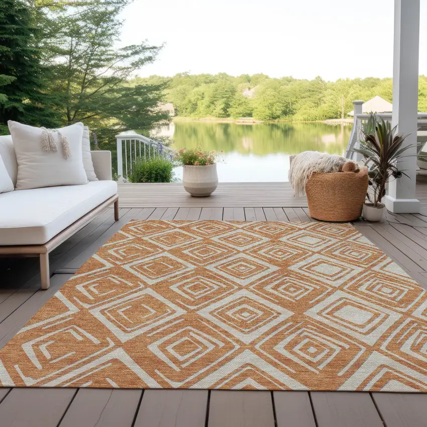 Orange And Ivory Geometric Washable Indoor Outdoor Area Rug Photo 9