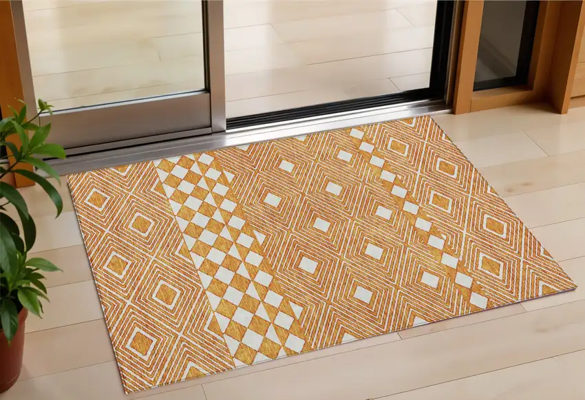 Orange And Ivory Geometric Washable Indoor Outdoor Area Rug Photo 1