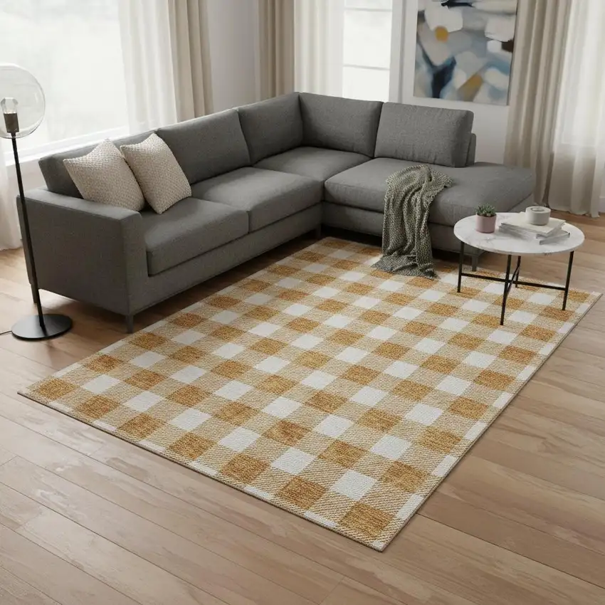 Orange And Ivory Plaid Washable Area Rug With UV Protection Photo 2