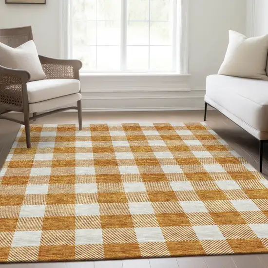 Orange And Ivory Plaid Washable Area Rug With UV Protection Photo 5
