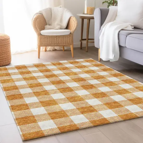Orange And Ivory Plaid Washable Area Rug With UV Protection Photo 4