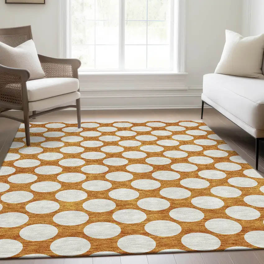 Orange And Ivory Polka Dot Washable Area Rug With UV Protection Photo 6