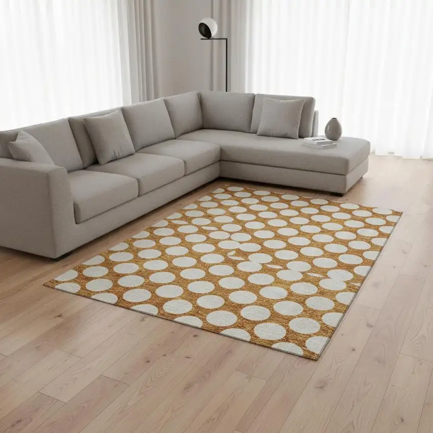 Orange And Ivory Polka Dot Washable Area Rug With UV Protection Photo 2