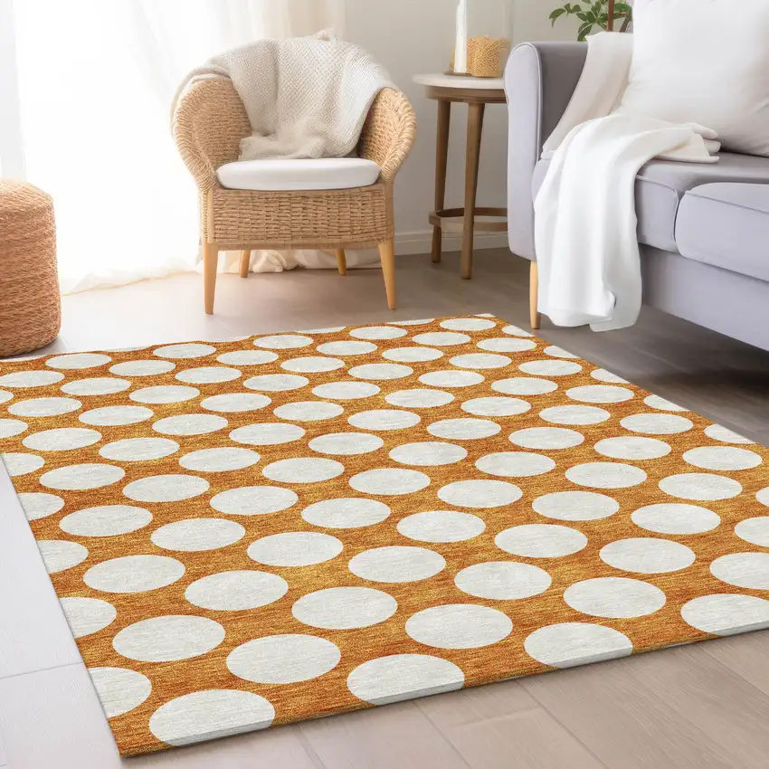 Orange And Ivory Polka Dot Washable Area Rug With UV Protection Photo 5