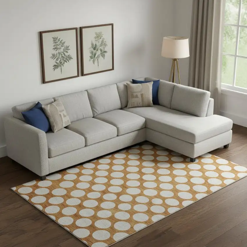 Orange And Ivory Polka Dot Washable Area Rug With UV Protection Photo 1