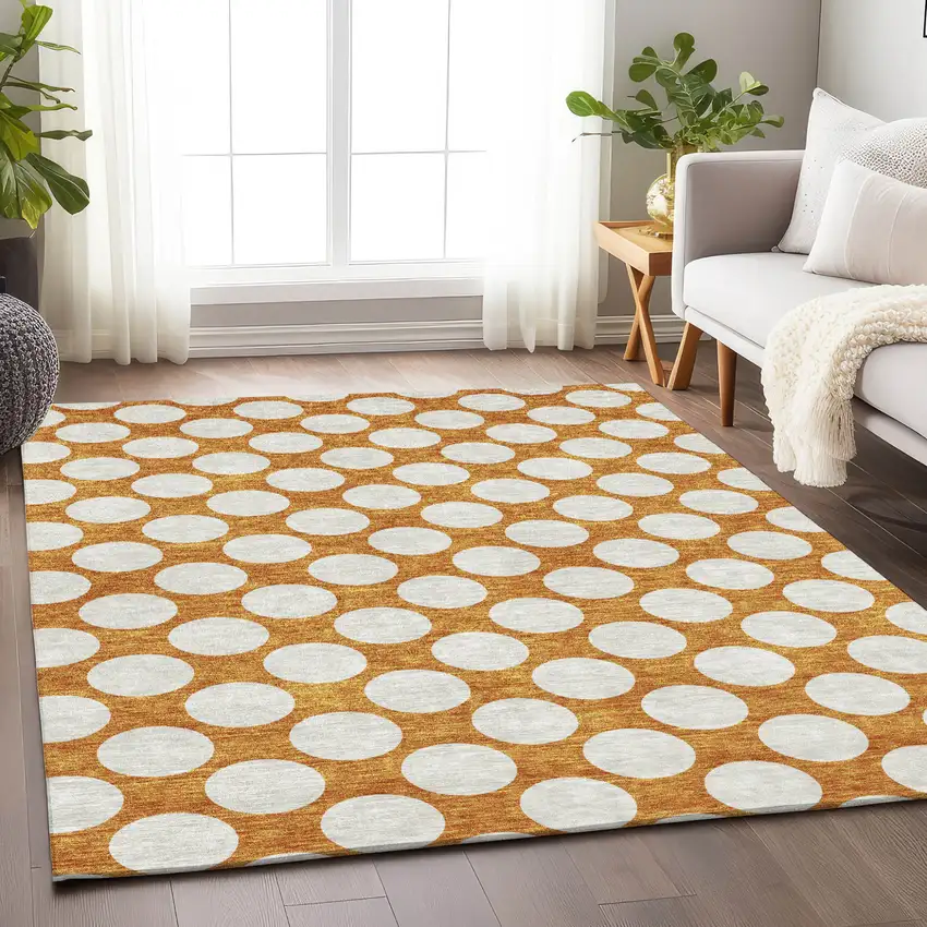Orange And Ivory Polka Dot Washable Indoor Outdoor Area Rug Photo 9