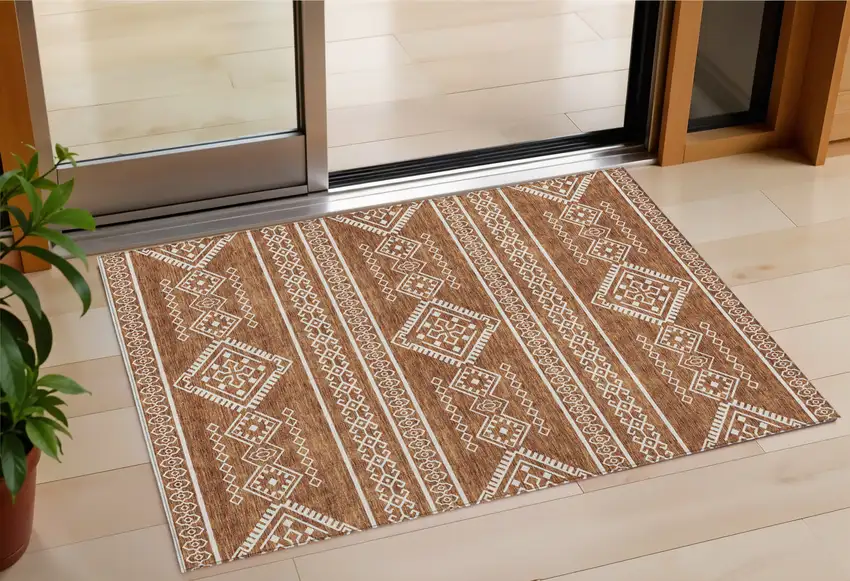 Orange And Ivory Southwestern Washable Indoor Outdoor Area Rug Photo 1
