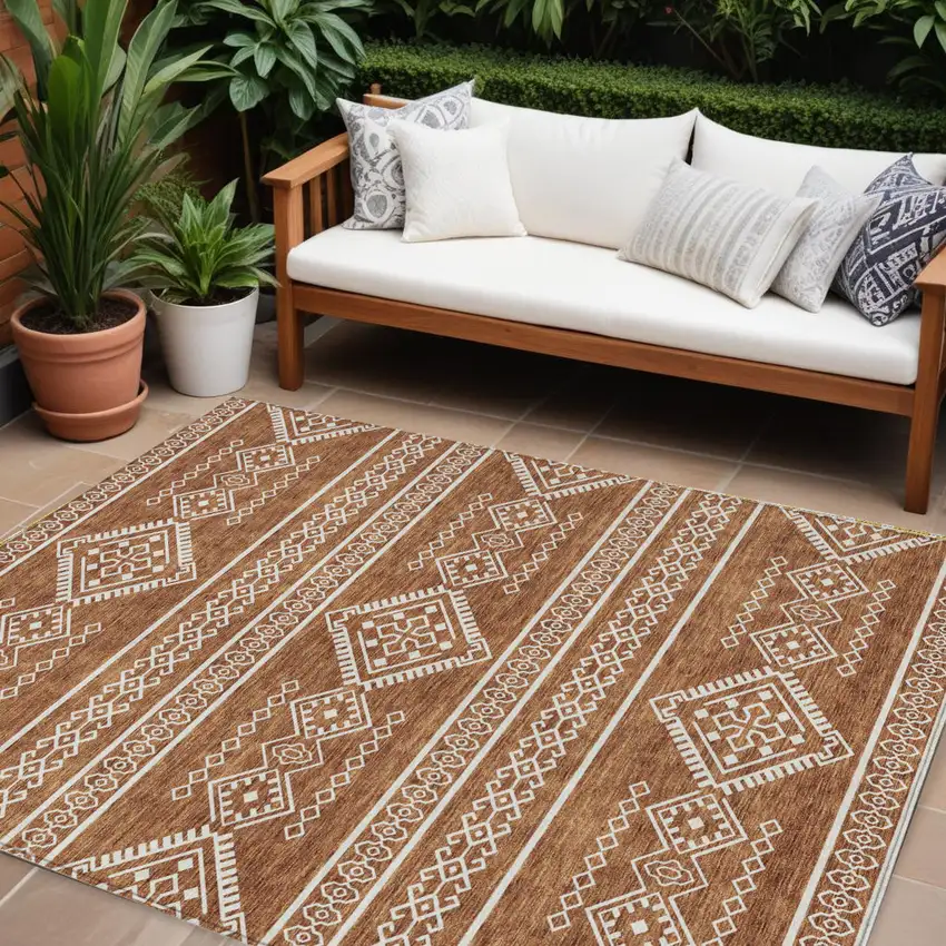 Orange And Ivory Southwestern Washable Indoor Outdoor Area Rug Photo 1