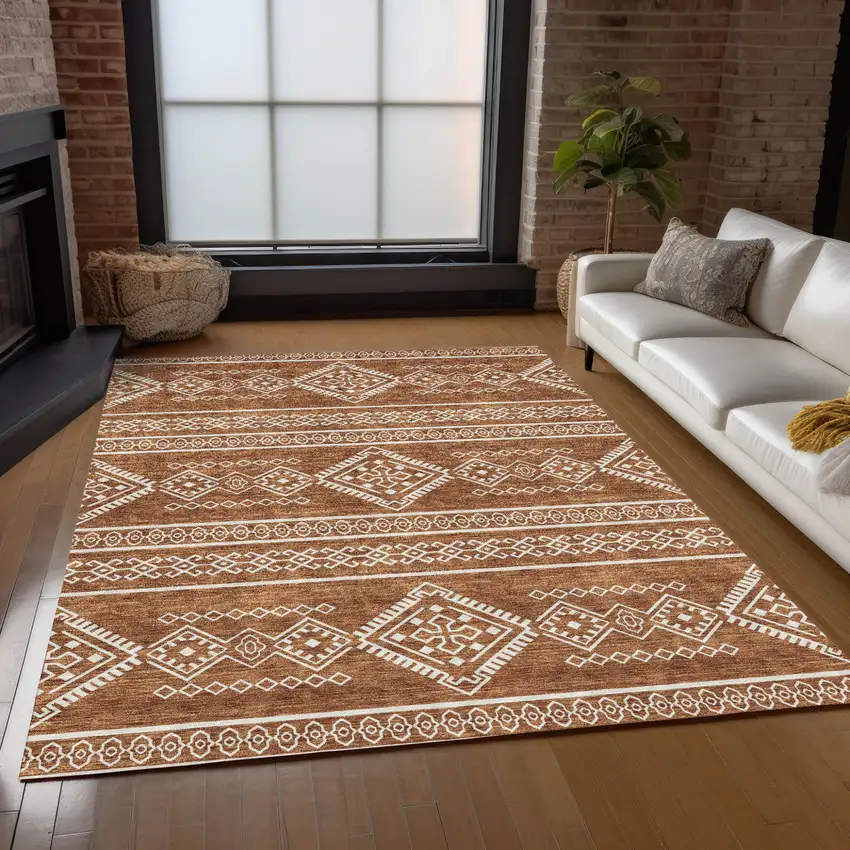 Orange And Ivory Southwestern Washable Indoor Outdoor Area Rug Photo 9
