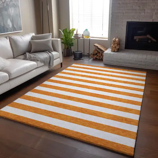 Orange And Ivory Striped Washable Area Rug With UV Protection Photo 6