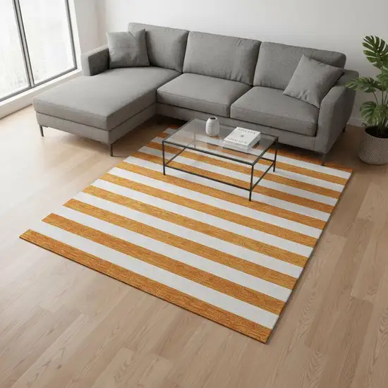 Orange And Ivory Striped Washable Area Rug With UV Protection Photo 2