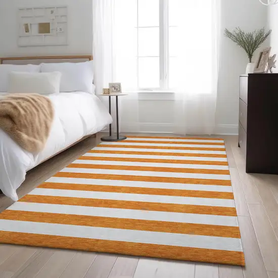 Orange And Ivory Striped Washable Area Rug With UV Protection Photo 5