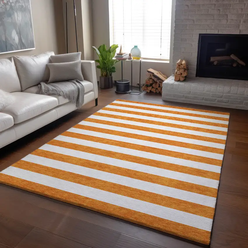 Orange And Ivory Striped Washable Area Rug With UV Protection Photo 6