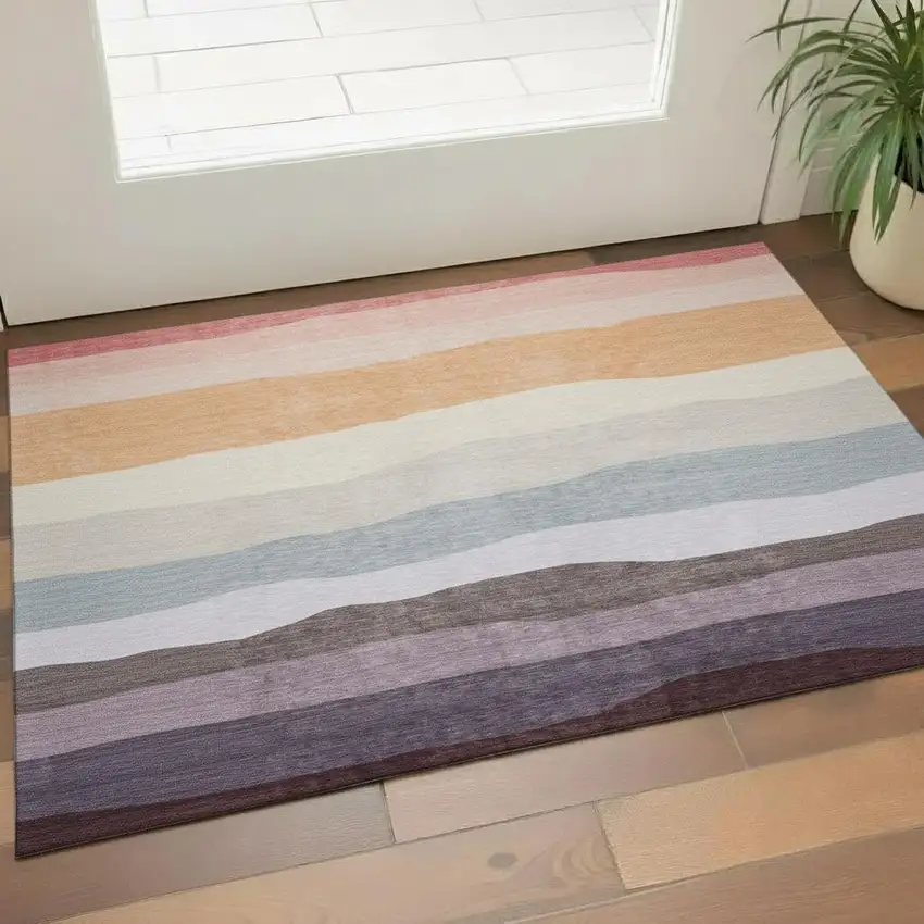 Orange And Ivory Striped Washable Area Rug With UV Protection Photo 2