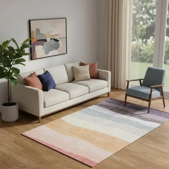 Orange And Ivory Striped Washable Area Rug With UV Protection Photo 2