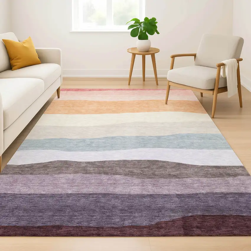 Orange And Ivory Striped Washable Area Rug With UV Protection Photo 6