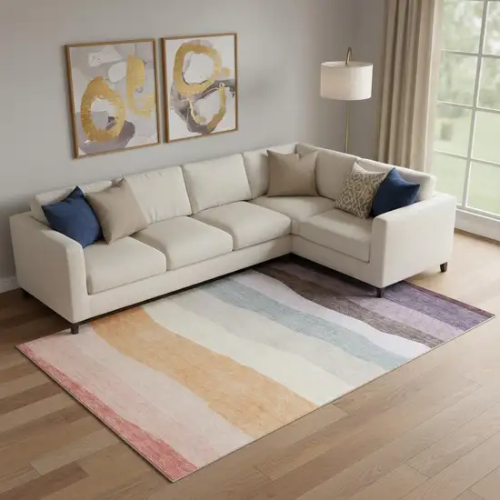 Orange And Ivory Striped Washable Area Rug With UV Protection Photo 2