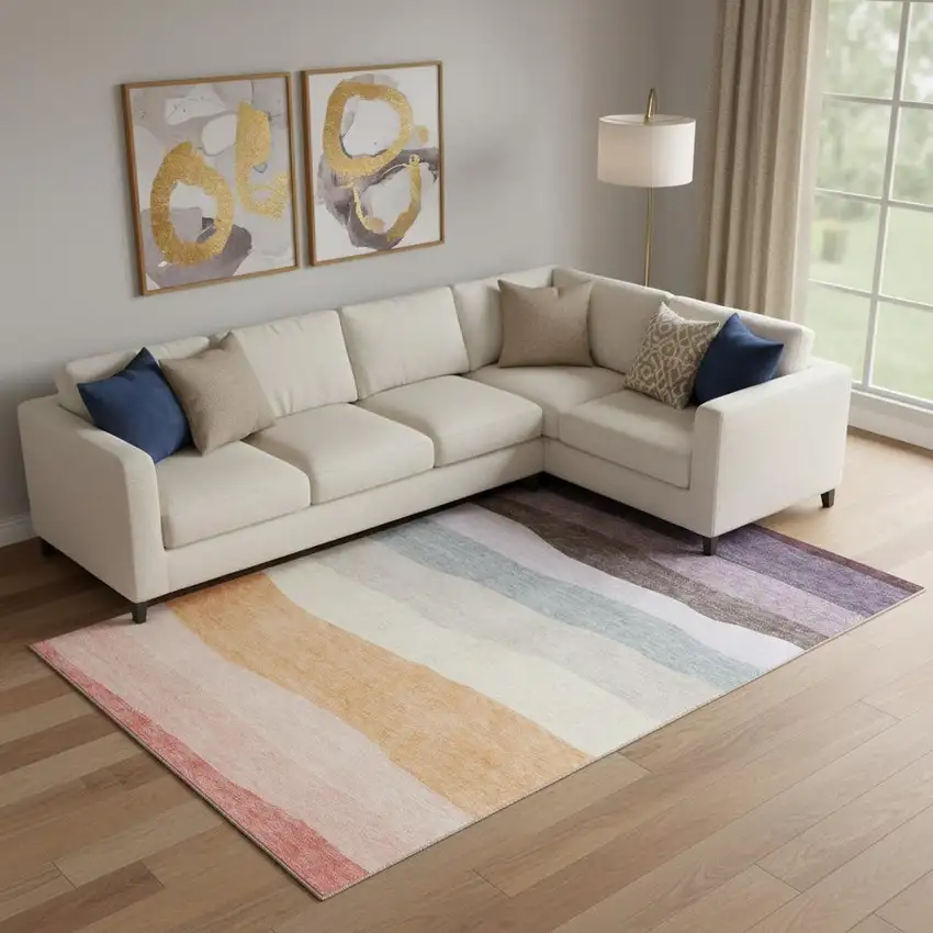 Orange And Ivory Striped Washable Area Rug With UV Protection Photo 2