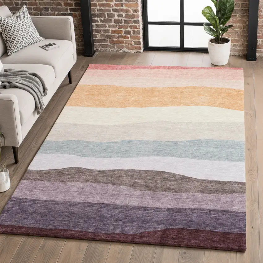 Orange And Ivory Striped Washable Area Rug With UV Protection Photo 5