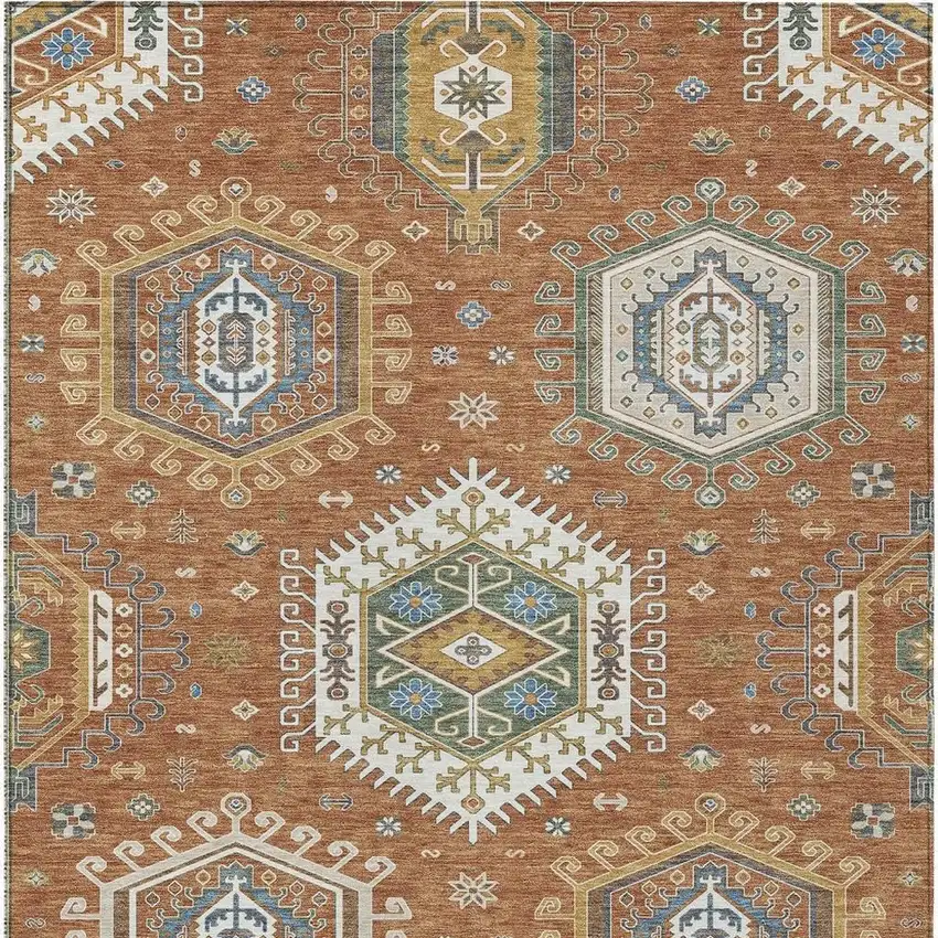 Orange And Ivory Tribal Washable Indoor Outdoor Area Rug Photo 3