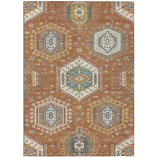 Orange And Ivory Tribal Washable Indoor Outdoor Area Rug Photo 1