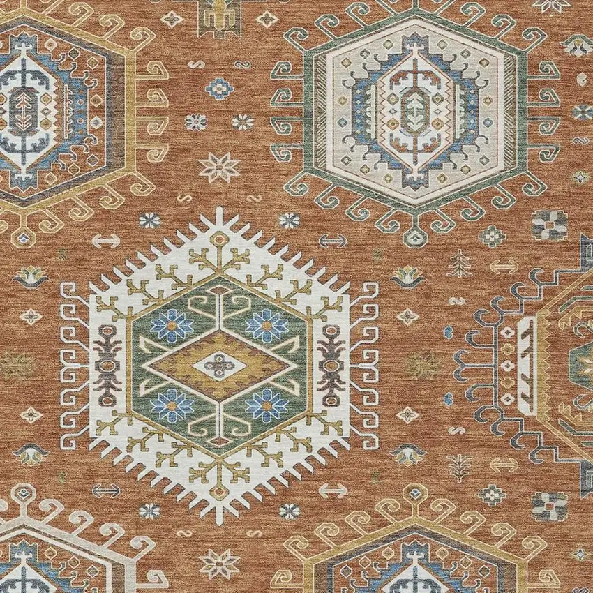 Orange And Ivory Tribal Washable Indoor Outdoor Area Rug Photo 2