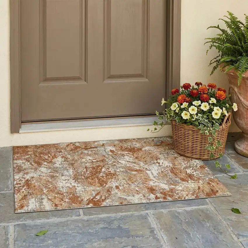 Orange And Khaki Abstract Washable Indoor Outdoor Area Rug Photo 1