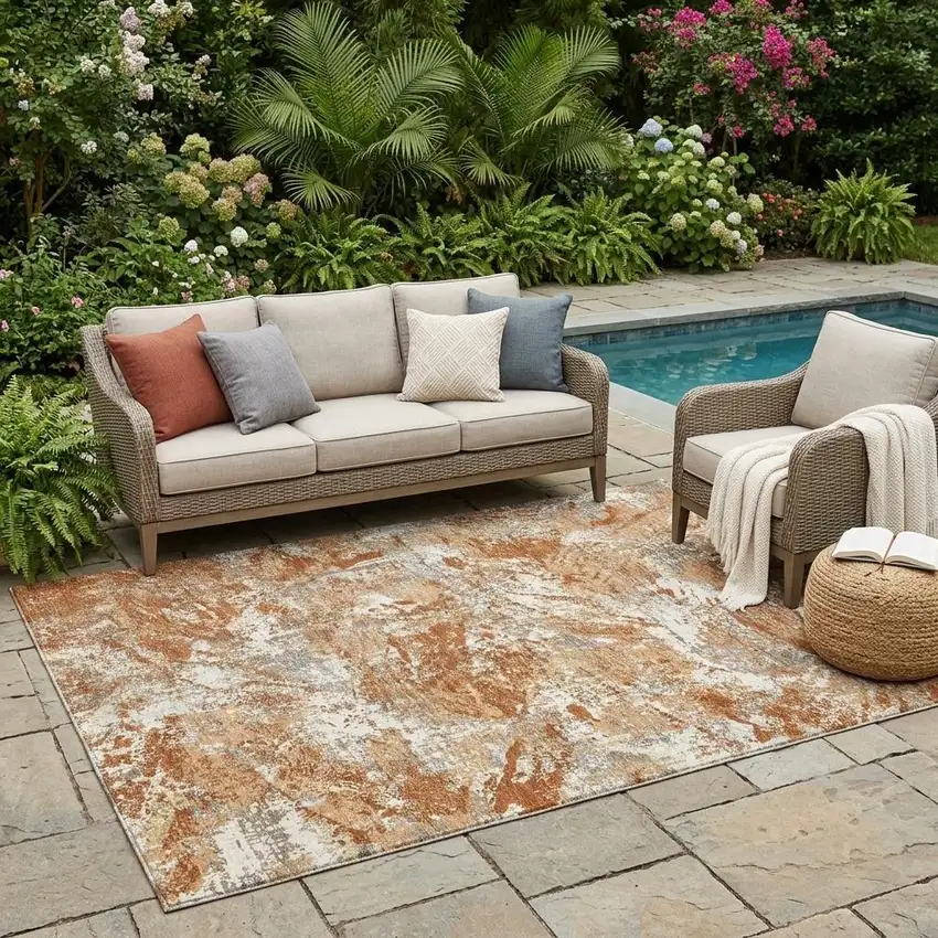 Orange And Khaki Abstract Washable Indoor Outdoor Area Rug Photo 1