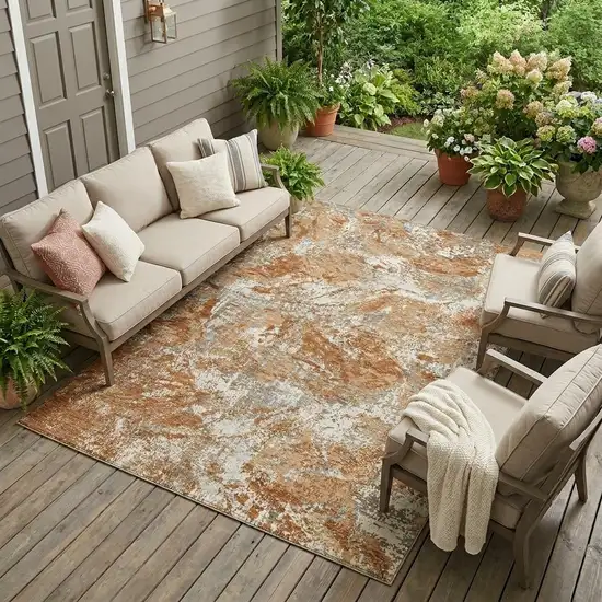 Orange And Khaki Abstract Washable Indoor Outdoor Area Rug Photo 1