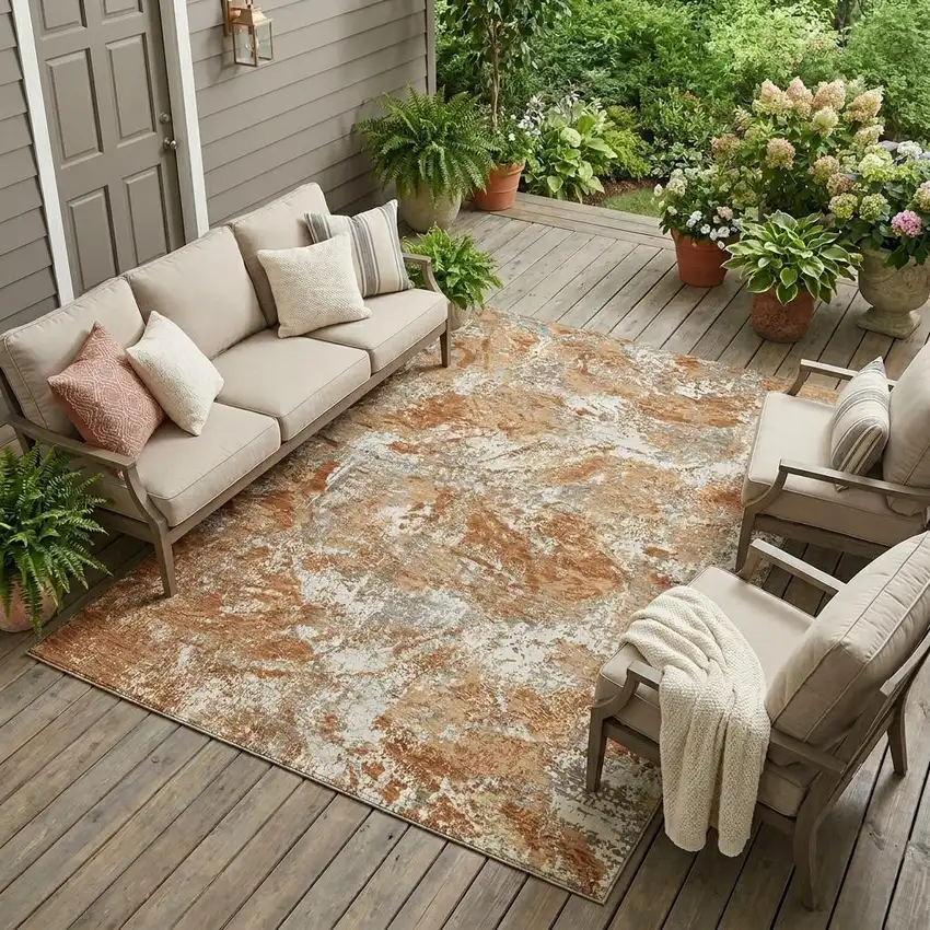 Orange And Khaki Abstract Washable Indoor Outdoor Area Rug Photo 1