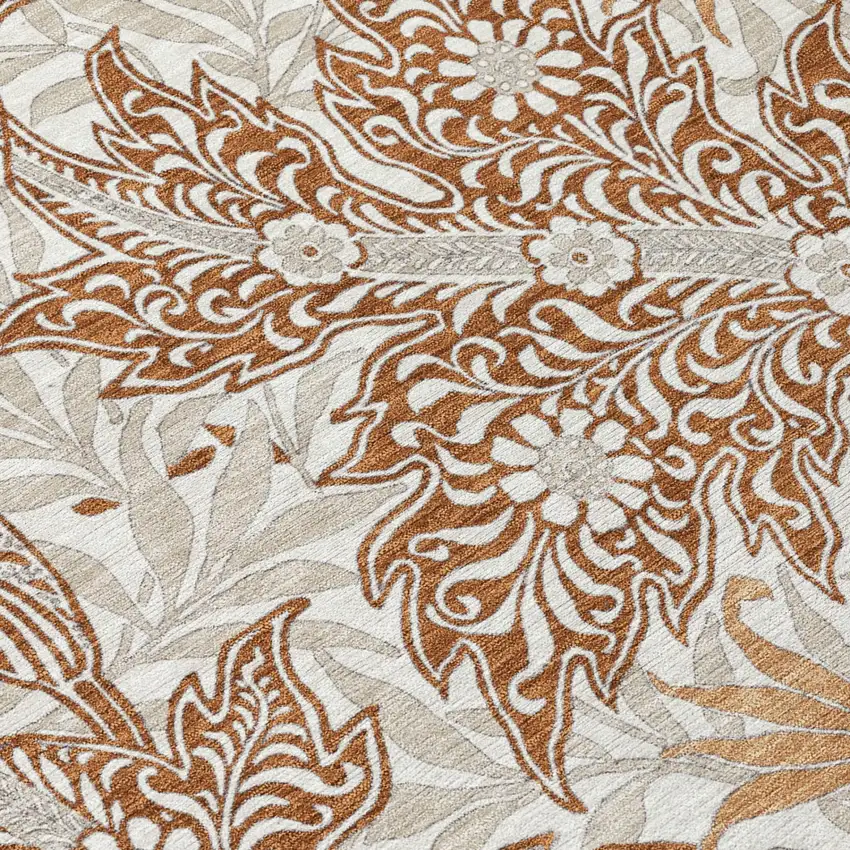 Orange And Khaki Botanical Leaves Washable Indoor Outdoor Area Rug Photo 4