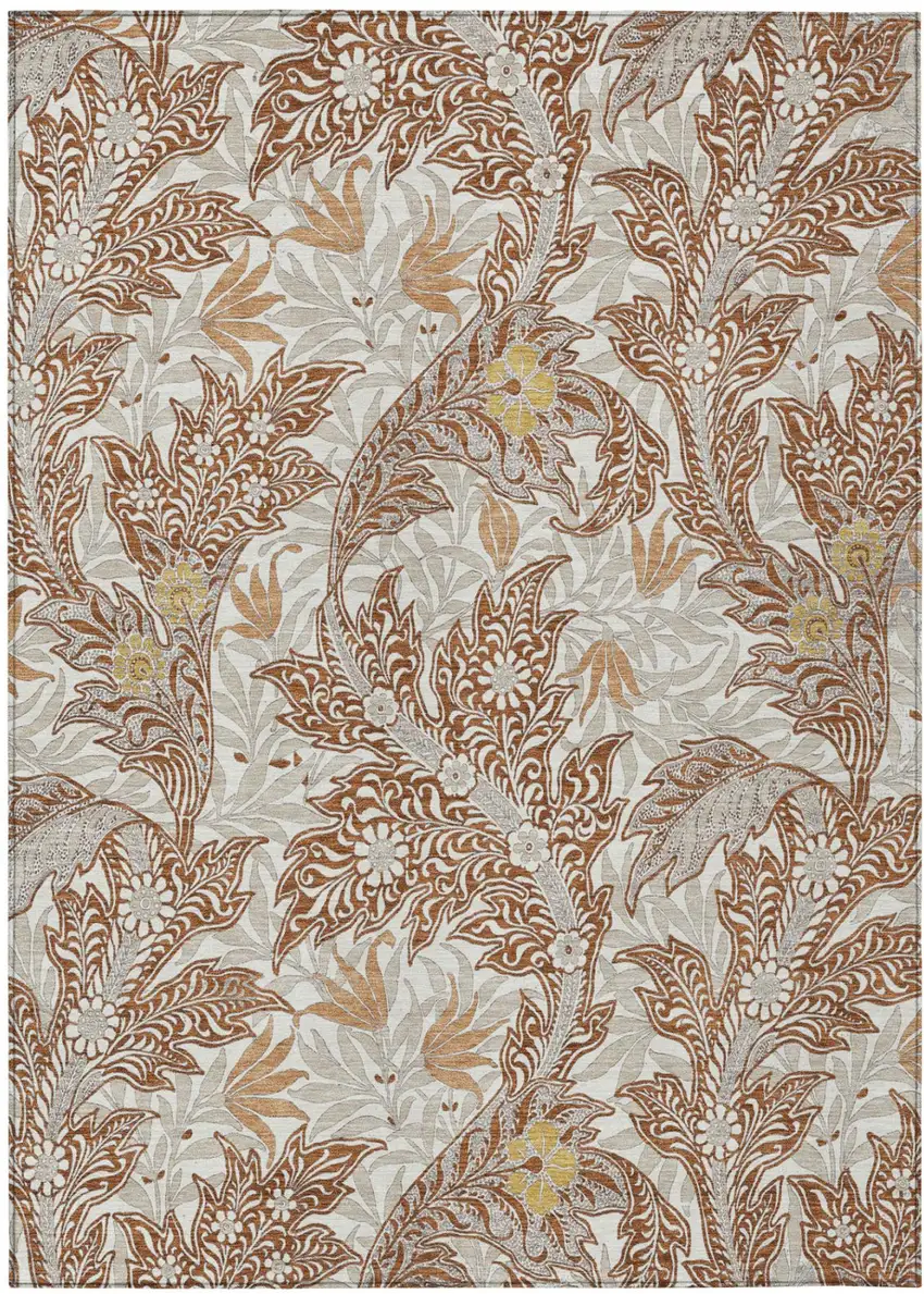 Orange And Khaki Botanical Leaves Washable Indoor Outdoor Area Rug Photo 2