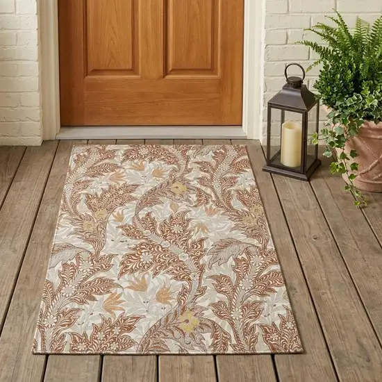 Orange And Khaki Botanical Leaves Washable Indoor Outdoor Area Rug Photo 1