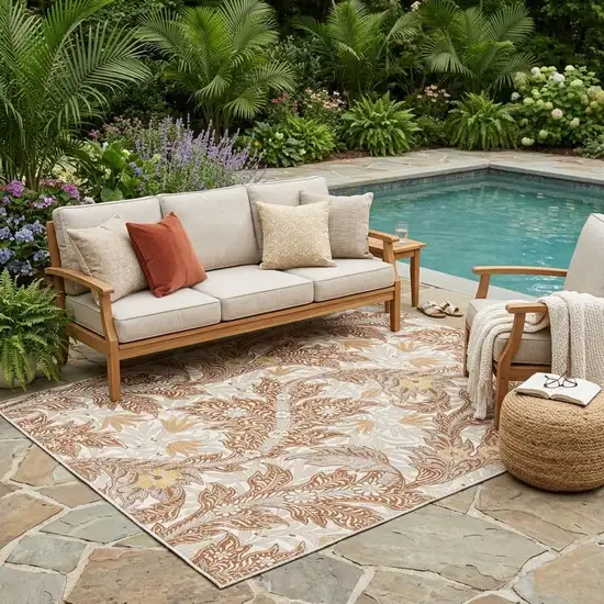 Orange And Khaki Botanical Leaves Washable Indoor Outdoor Area Rug Photo 1