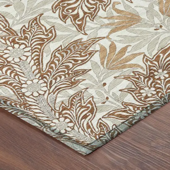 Orange And Khaki Botanical Leaves Washable Indoor Outdoor Area Rug Photo 3