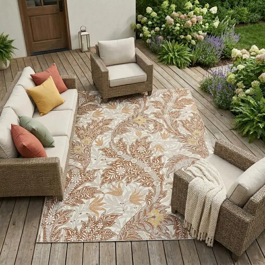 Orange And Khaki Botanical Leaves Washable Indoor Outdoor Area Rug Photo 1