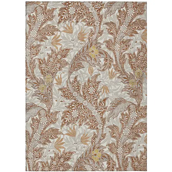 Orange And Khaki Botanical Leaves Washable Indoor Outdoor Area Rug Photo 2