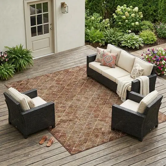 Orange And Khaki Geometric Washable Indoor Outdoor Area Rug Photo 1