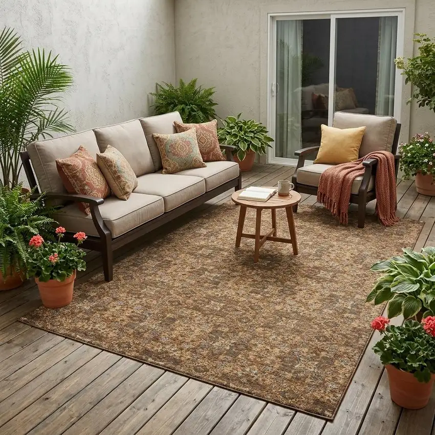 Orange And Linen Oriental Washable Indoor Outdoor Area Rug Photo 1