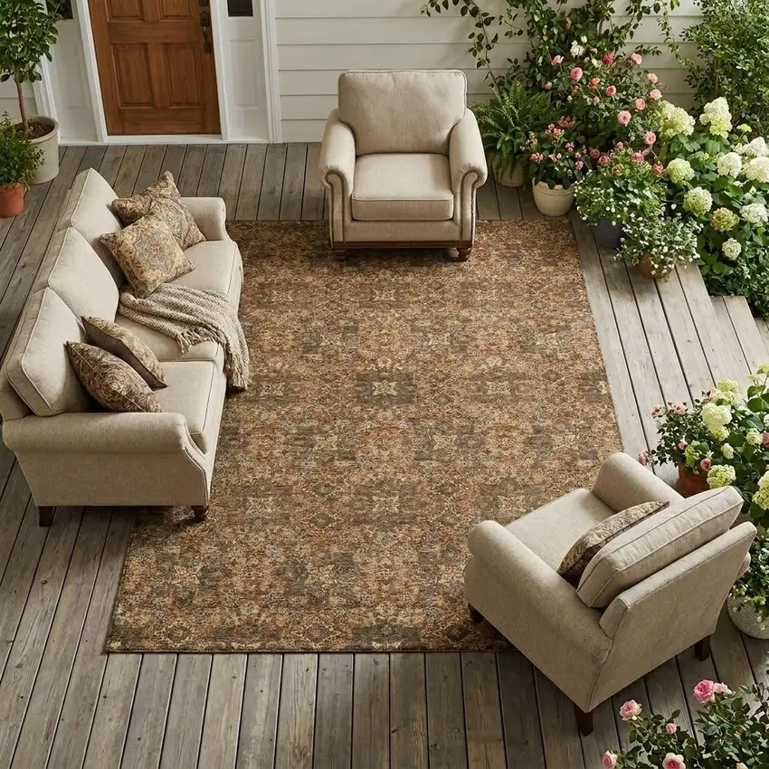 Orange And Linen Oriental Washable Indoor Outdoor Area Rug Photo 1