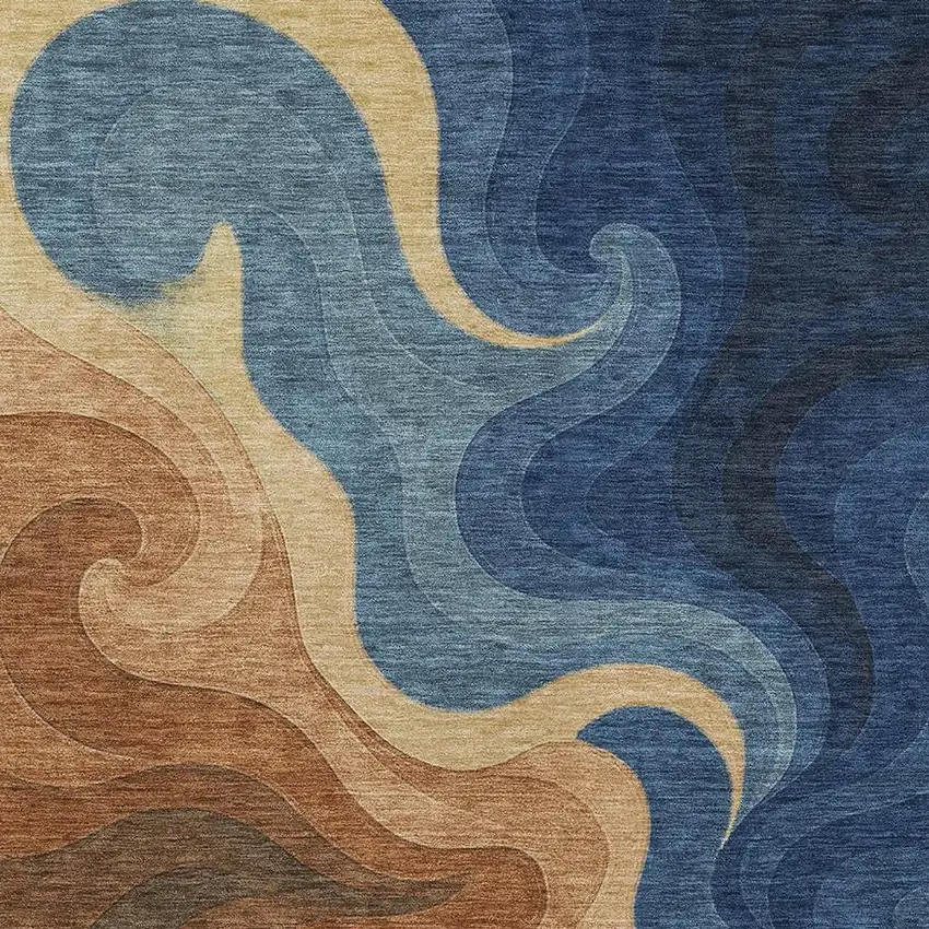Orange And Navy Blue Abstract Washable Indoor Outdoor Area Rug Photo 2
